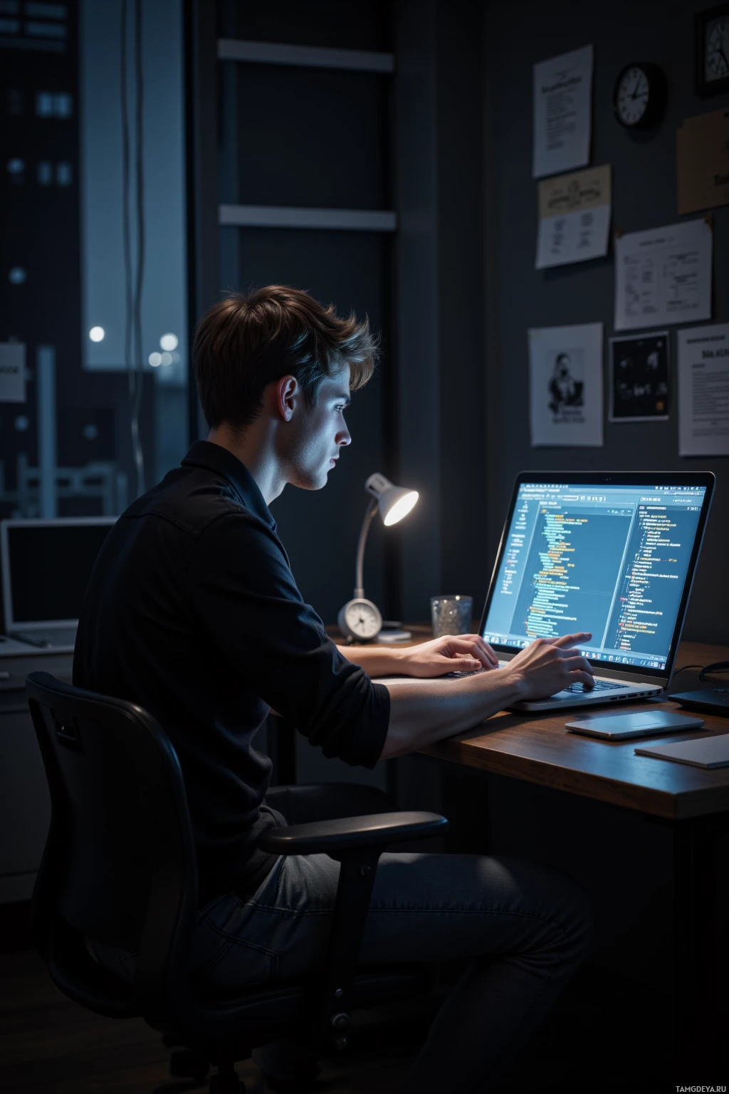 A person is sitting at a desk in a dimly lit room, working on a laptop.