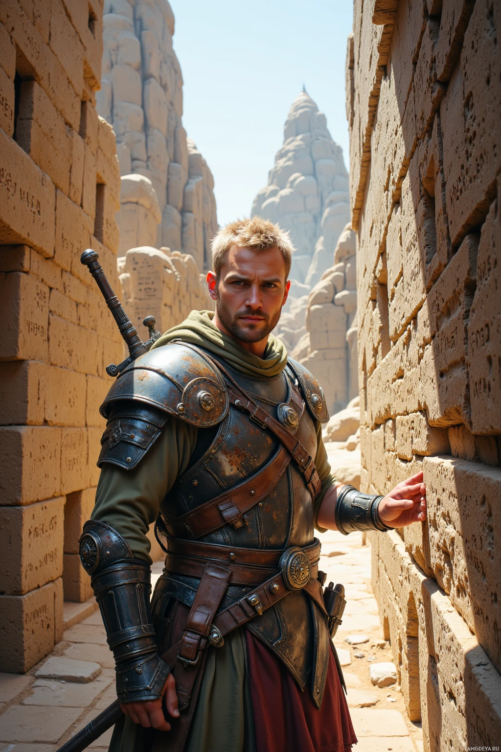 A person in medieval armor stands in a sunlit stone corridor.