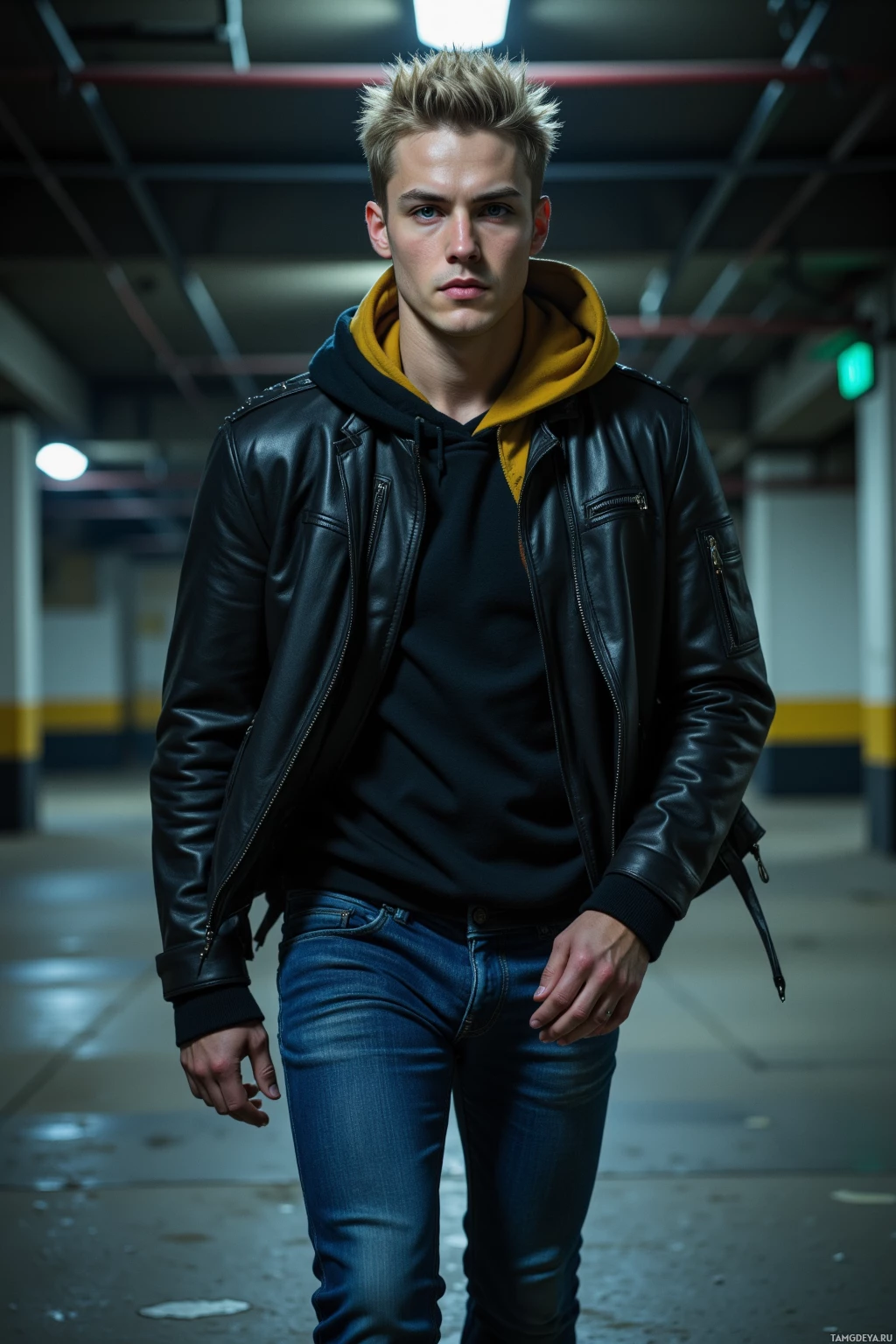 A person stands in a dimly lit parking garage wearing a black leather jacket over a yellow hoodie and blue jeans.