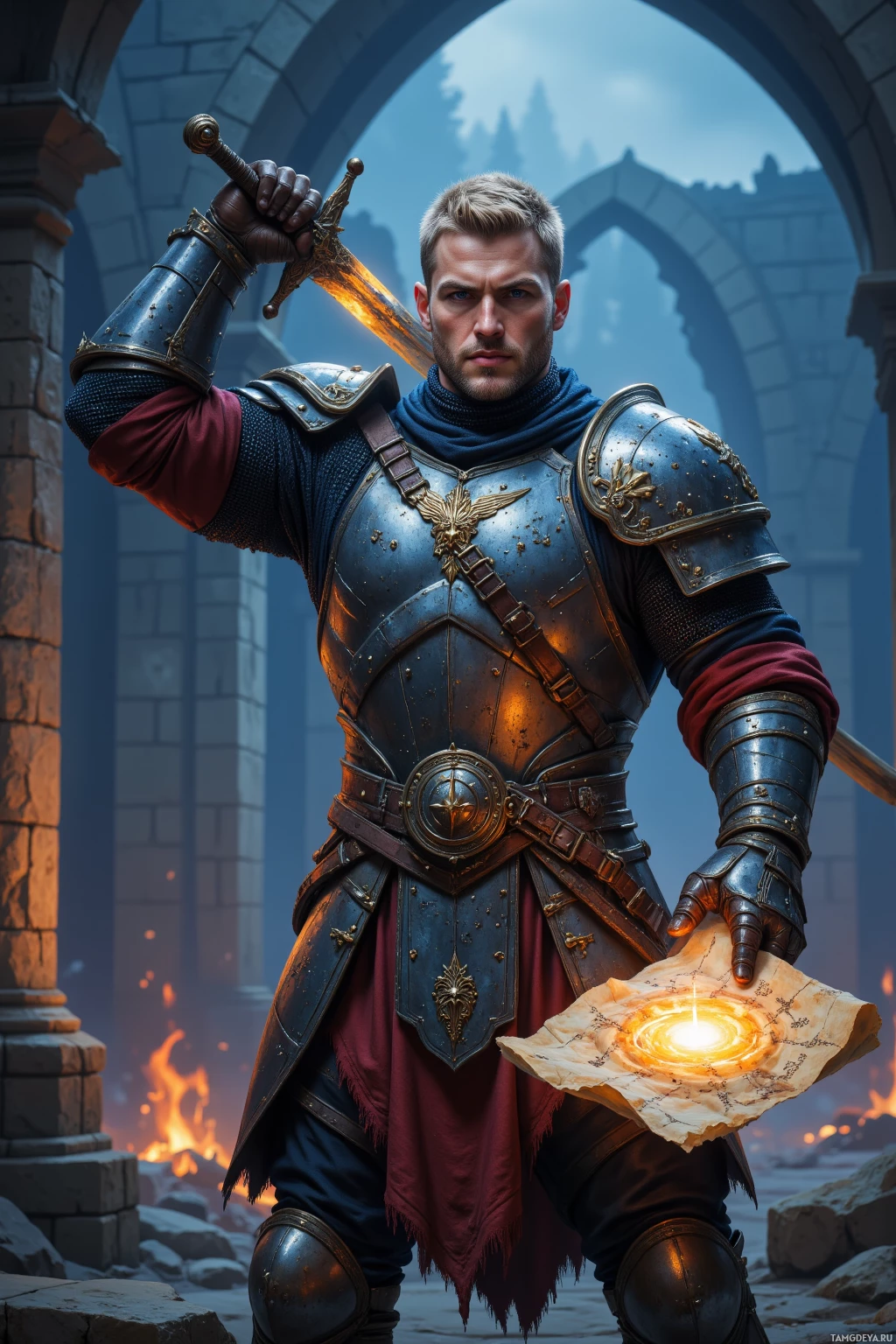 A knight in blue armor holds a glowing sword and a map, standing in a stone archway with a fire in the background.