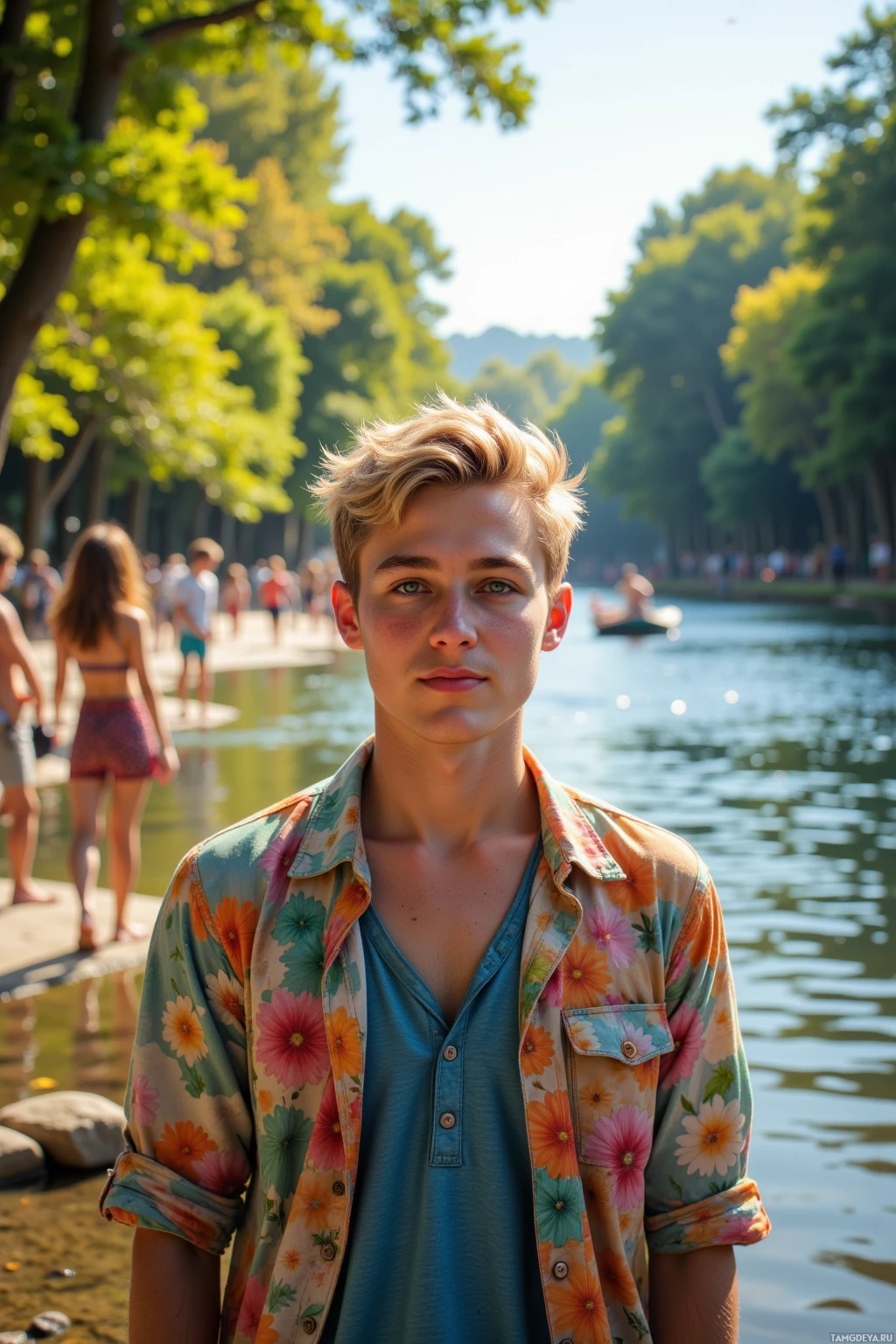 A young person stands by a lake in a park, wearing a floral shirt.