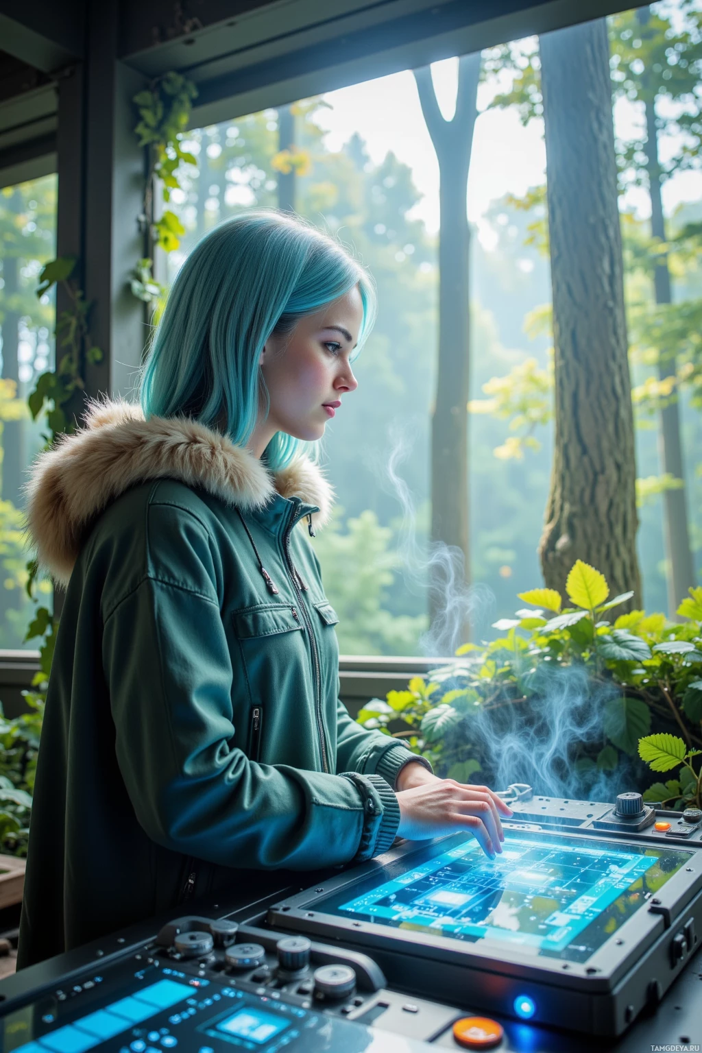 A person with blue hair stands by a window, interacting with a futuristic control panel.