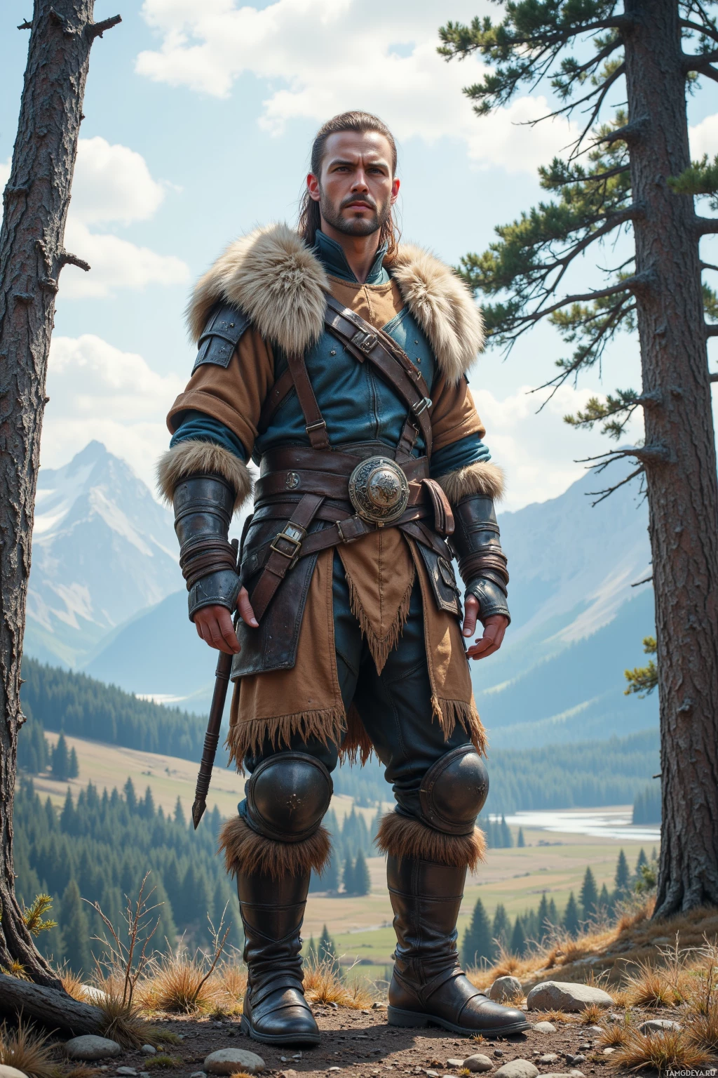 A man in medieval-style armor stands in a forested mountain landscape.