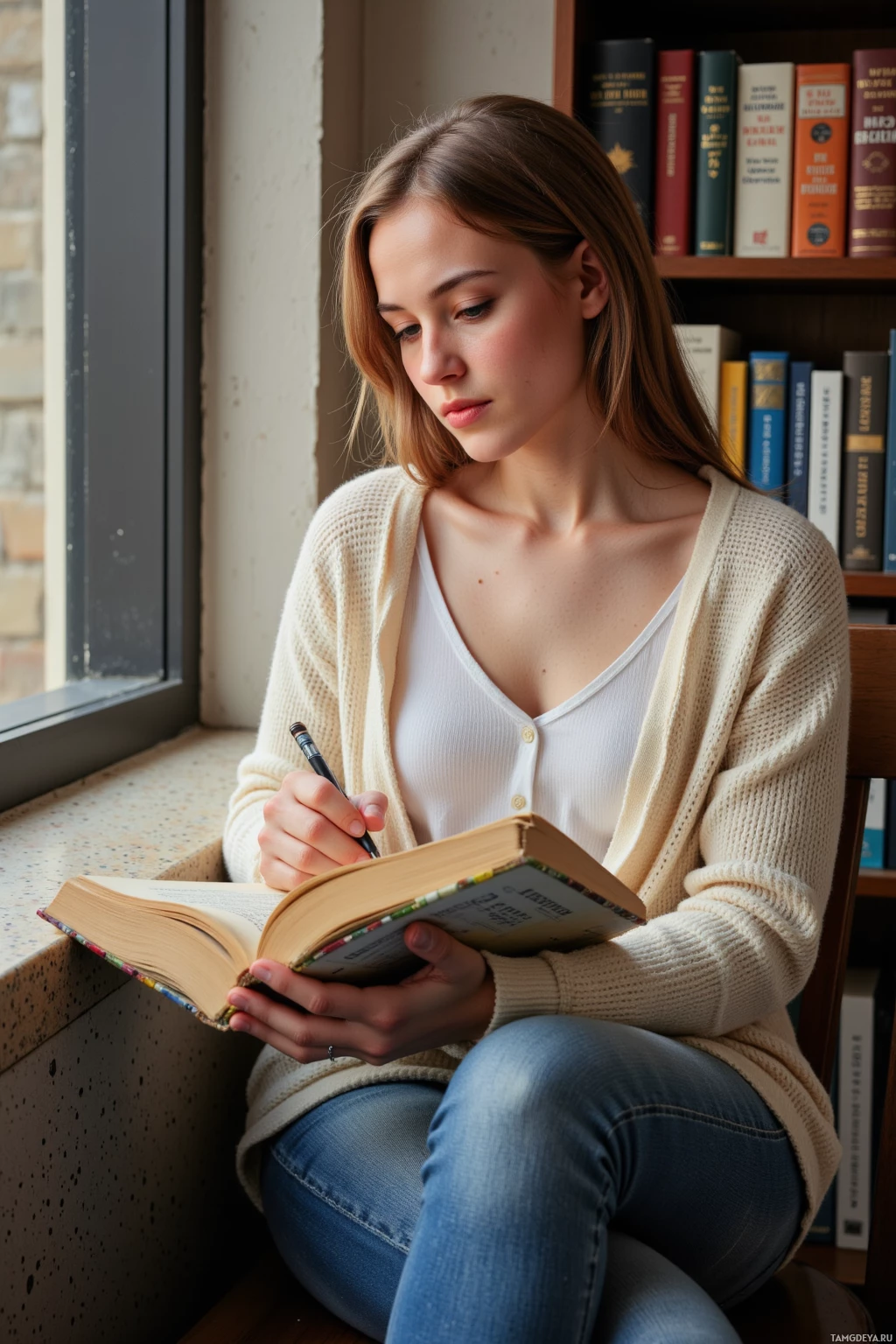 A person is sitting by a window, reading and writing in a book.