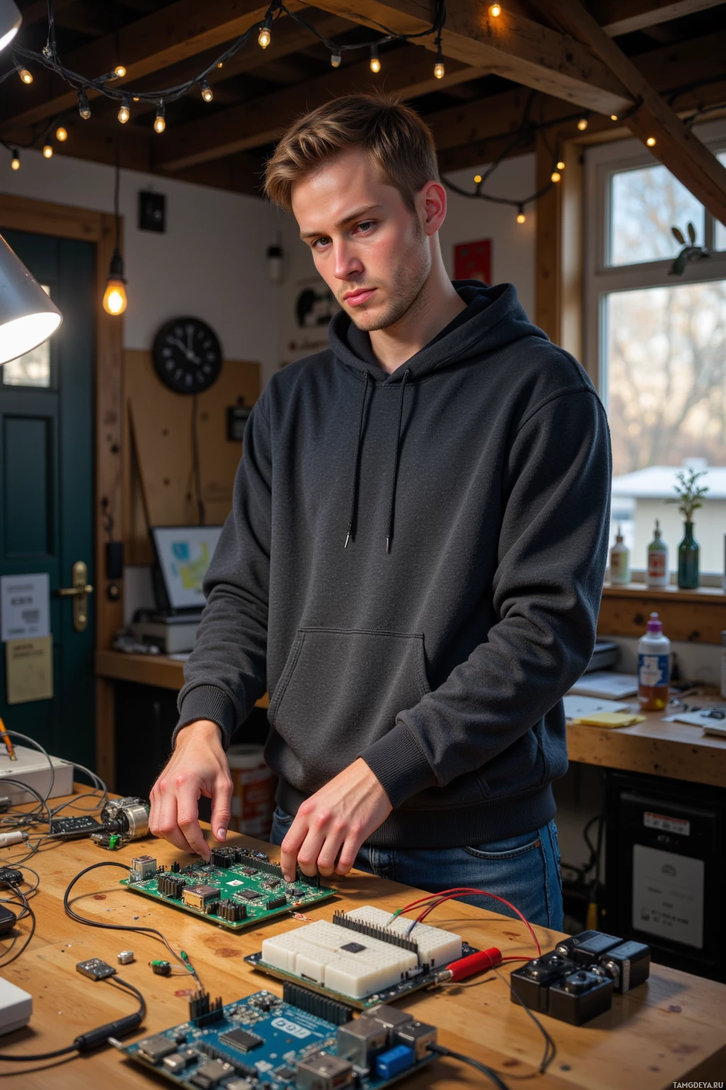 A person in a hoodie is working on a circuit board in a workshop.
