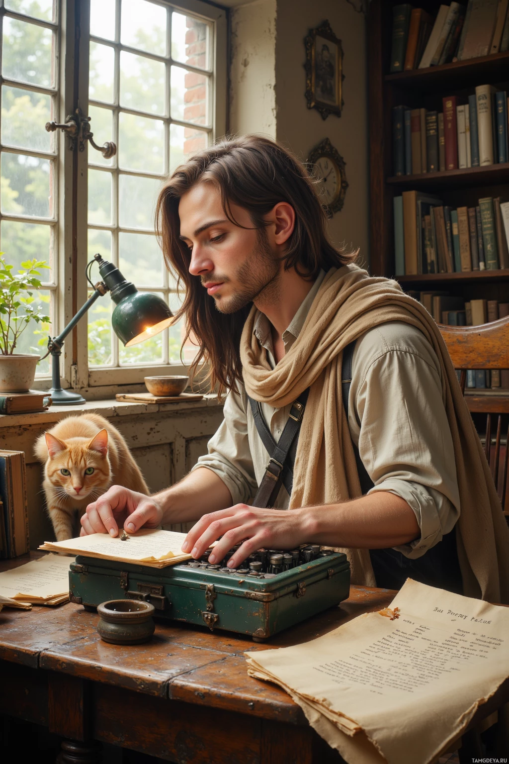 A man sits at a desk with a typewriter, surrounded by books and a cat, in a cozy, vintage setting.