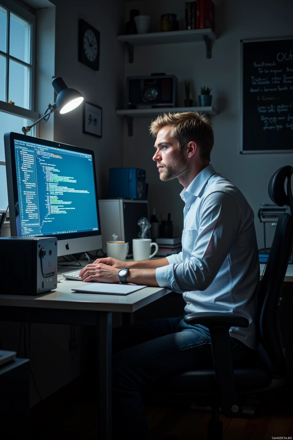 A person is sitting at a desk working on a computer with code displayed on the screen.