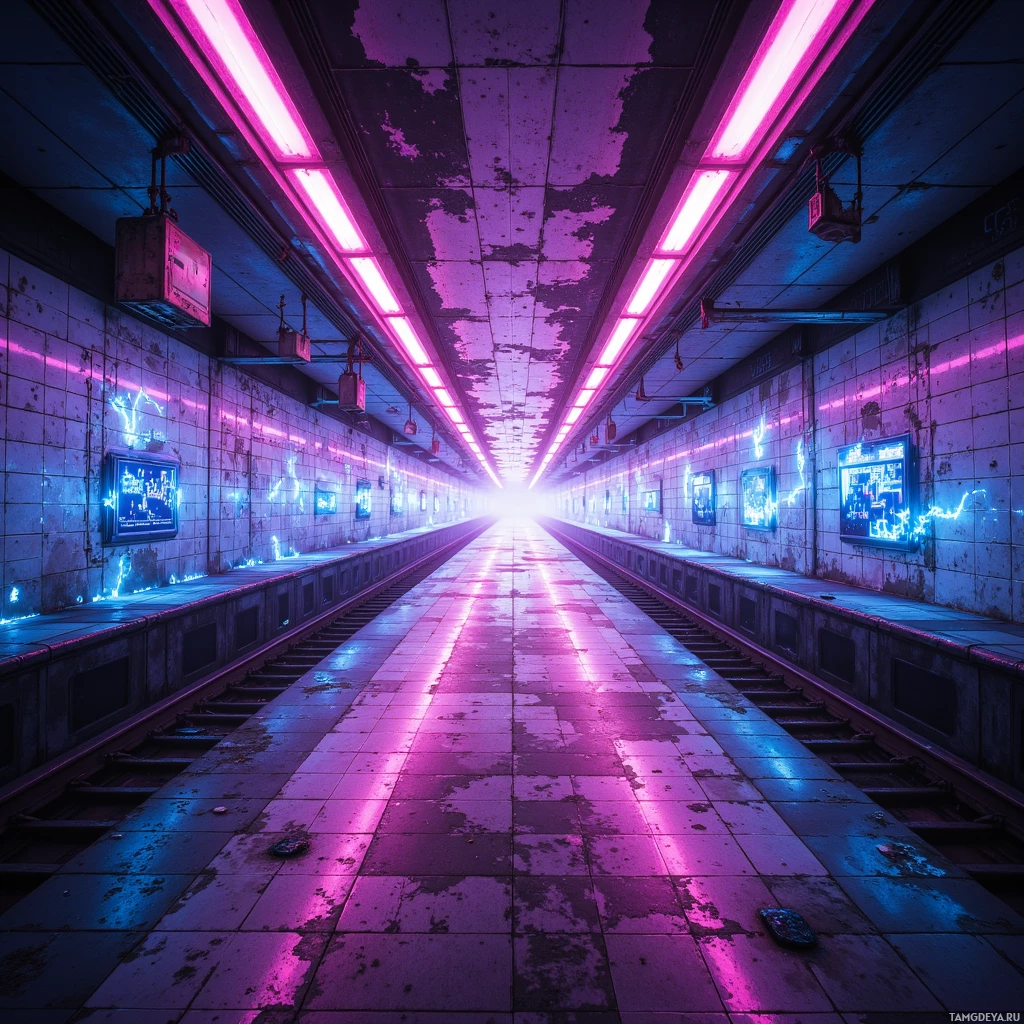 A neon-lit, abandoned subway station with tracks leading into the distance.