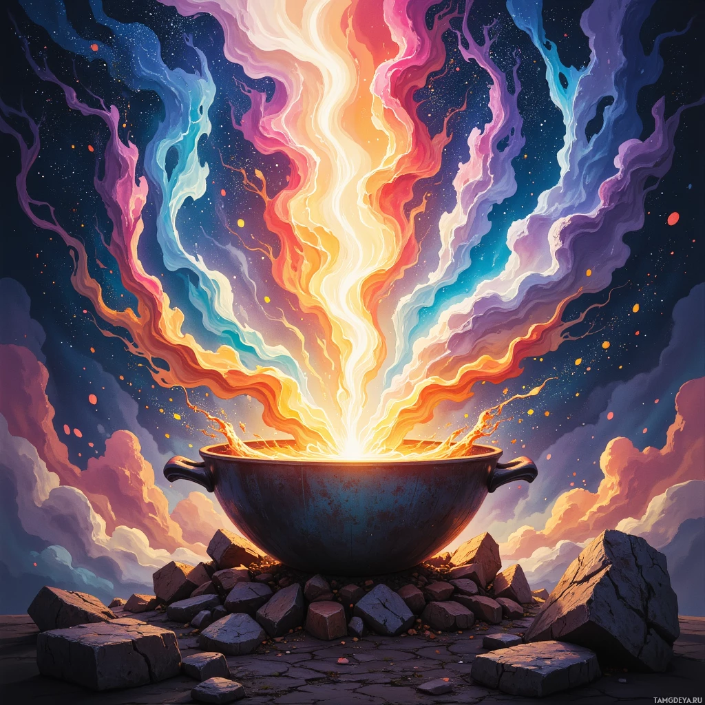 A vibrant, colorful scene featuring a large cauldron emitting bright, swirling flames against a starry night sky.