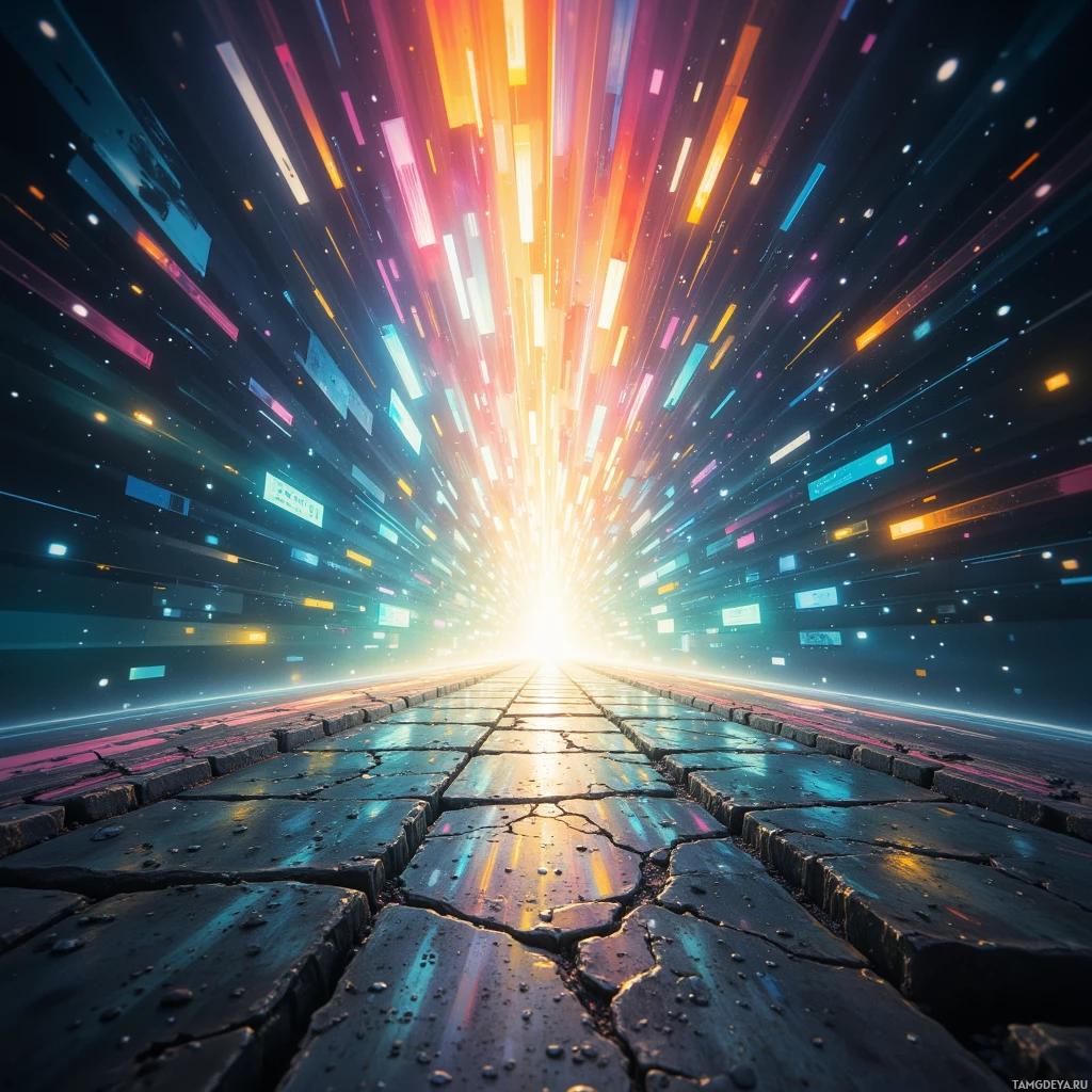 A vibrant, futuristic scene with glowing lines and a cracked, reflective surface leading towards a bright light.