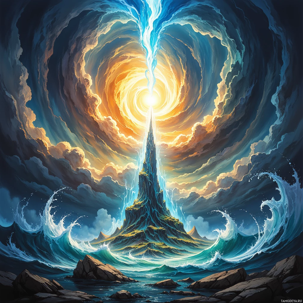 A fantastical scene featuring a glowing, ethereal tower surrounded by swirling clouds and crashing waves.