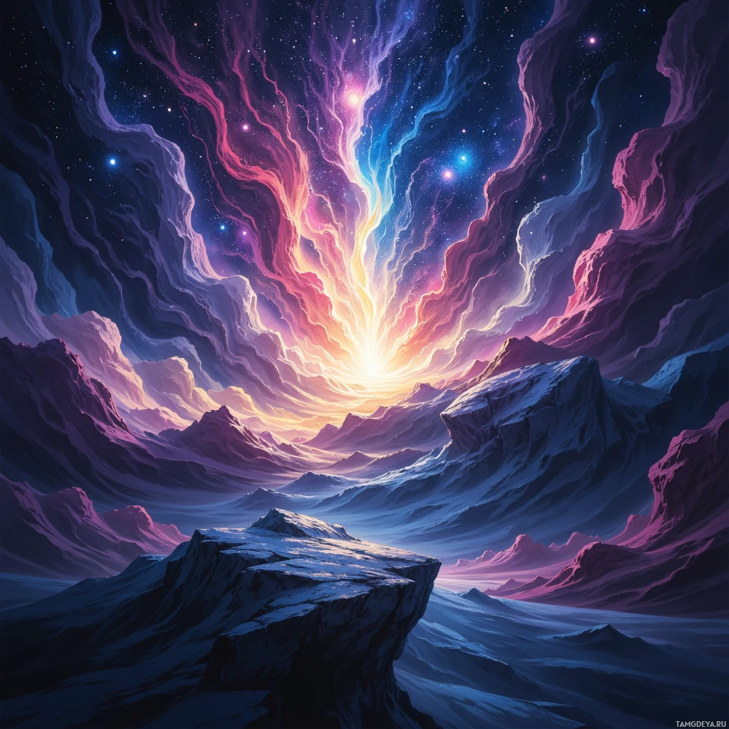 A vibrant, cosmic landscape featuring a starry sky, swirling nebulae, and rugged, snow-covered mountains.