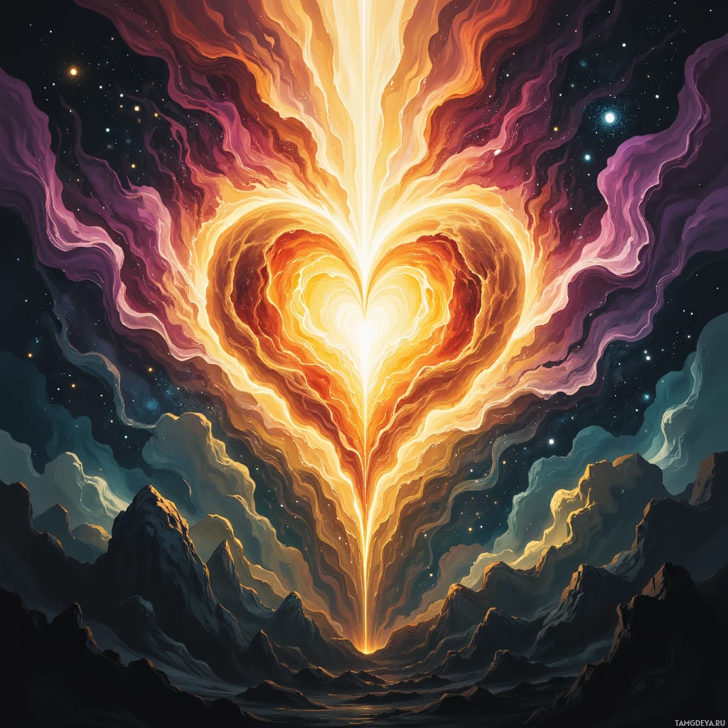 A vibrant heart-shaped burst of light radiates from a mountainous landscape into a starry night sky.