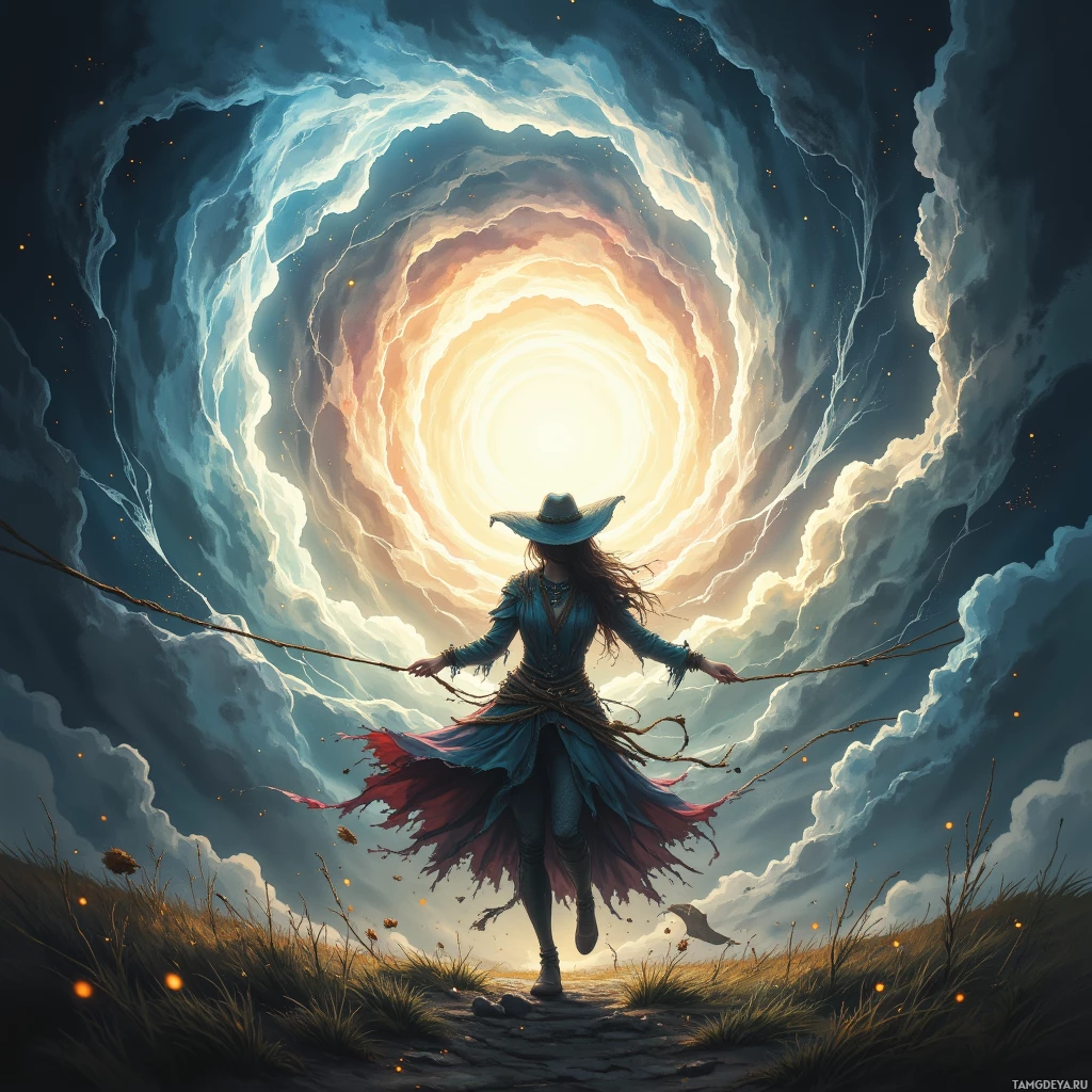 A woman in a blue dress and hat walks towards a glowing, swirling portal in the sky.