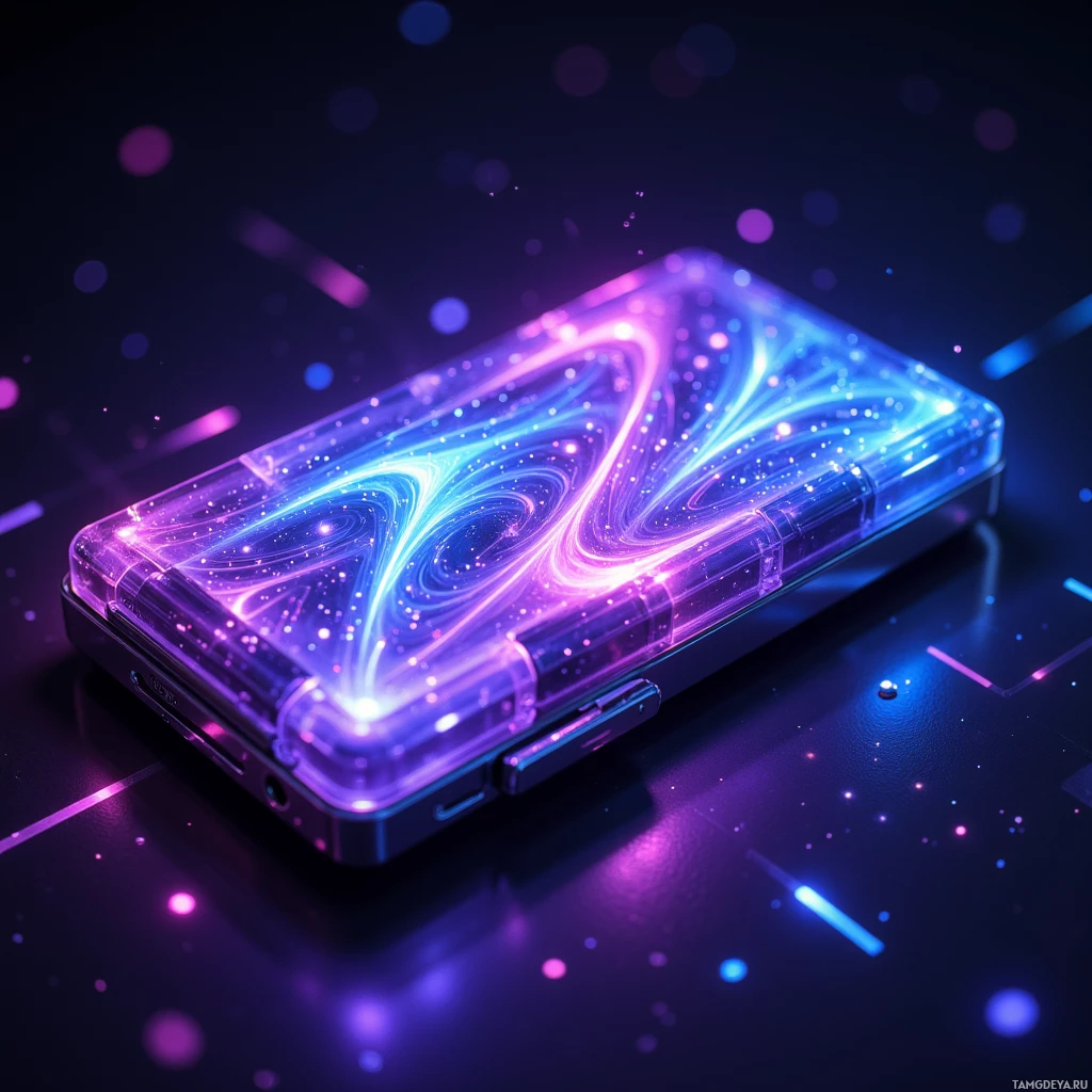 A glowing, futuristic device with swirling neon lights and a dark background.