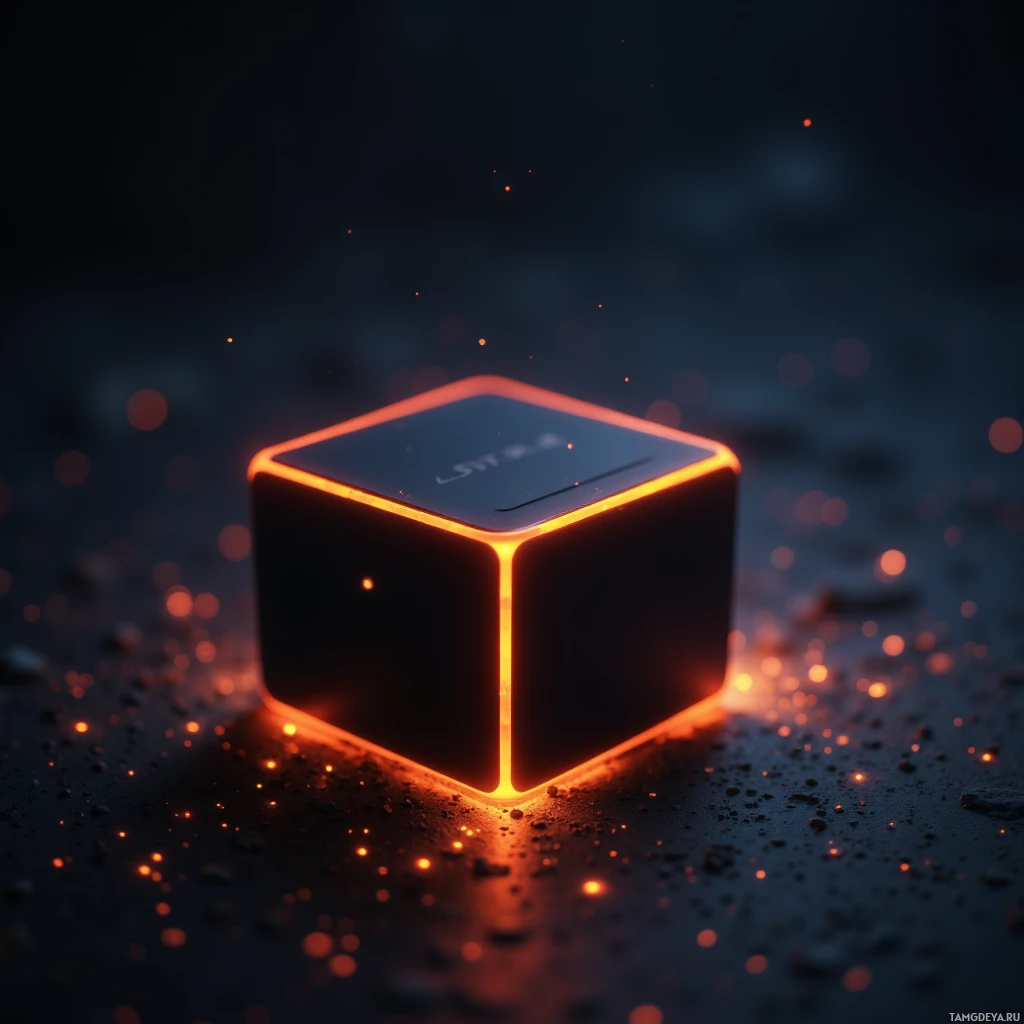 A glowing orange cube rests on a dark surface with scattered glowing particles.