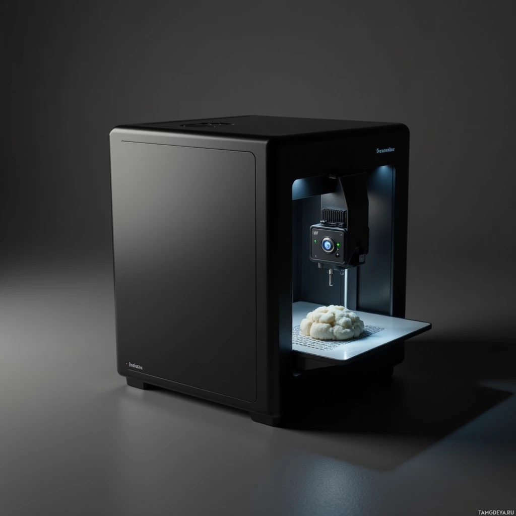 A modern black device with a lighted platform and a small object on it.