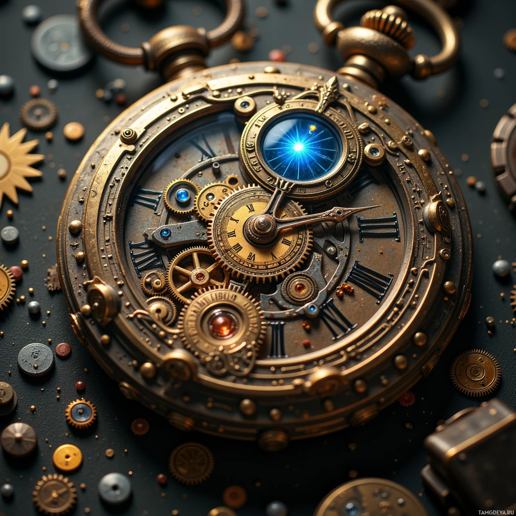 A detailed, ornate pocket watch with intricate gears and Roman numerals.