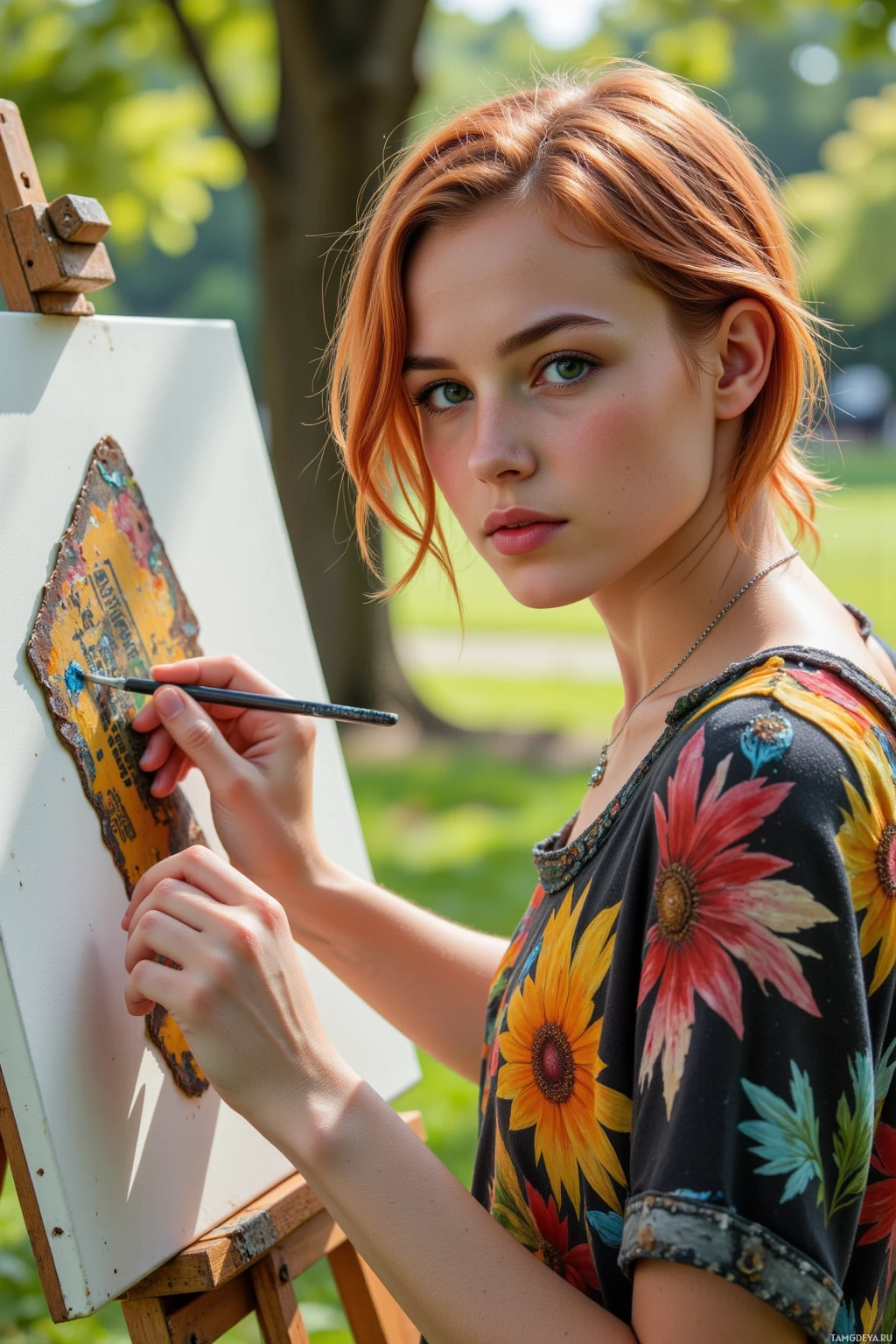 A person with red hair is painting outdoors, wearing a floral-patterned top.