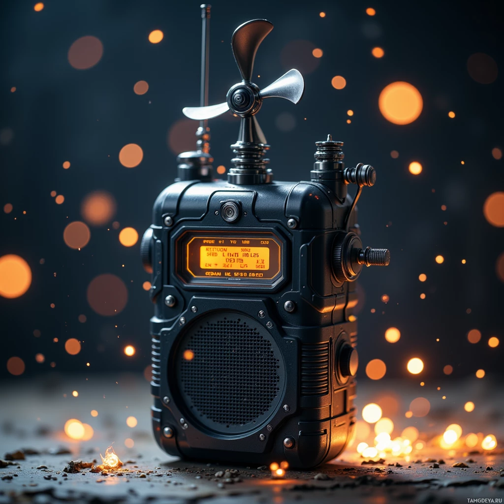 A rugged, futuristic radio with a propeller antenna and glowing display sits against a dark, bokeh-lit background.