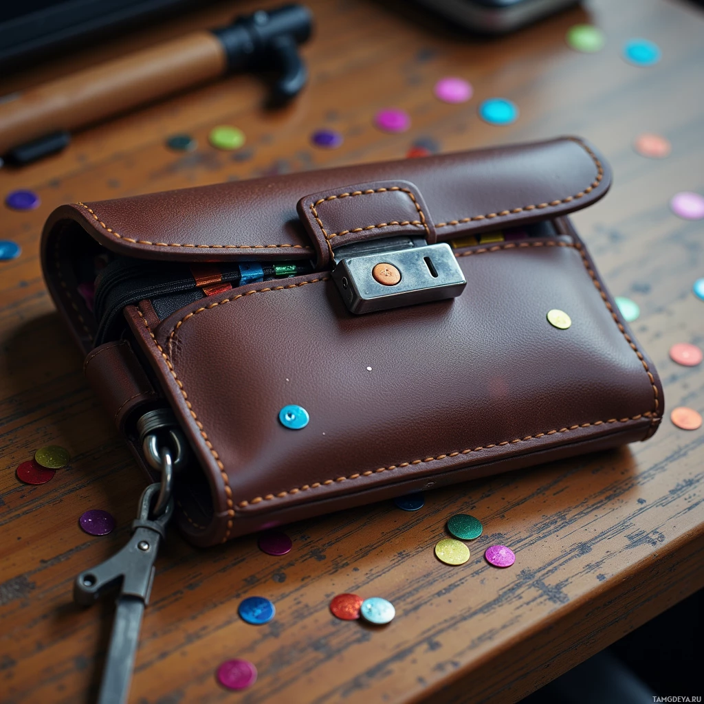 A brown leather pouch with colorful coins scattered around it rests on a wooden surface.