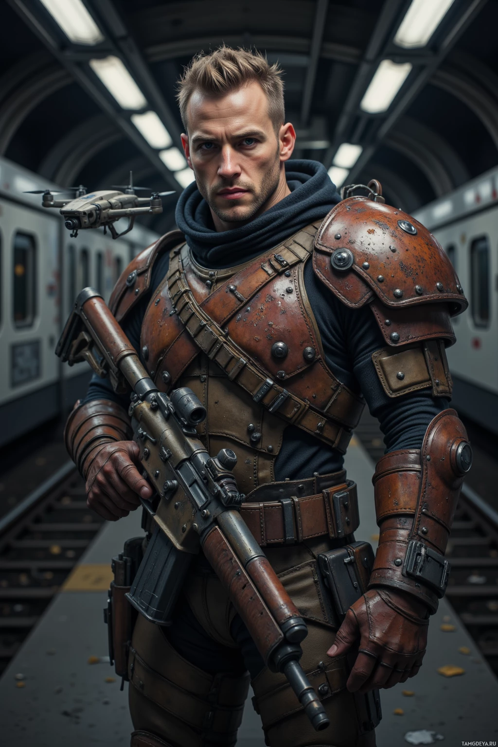 A person in a futuristic armored outfit stands on a train platform, holding a rifle.