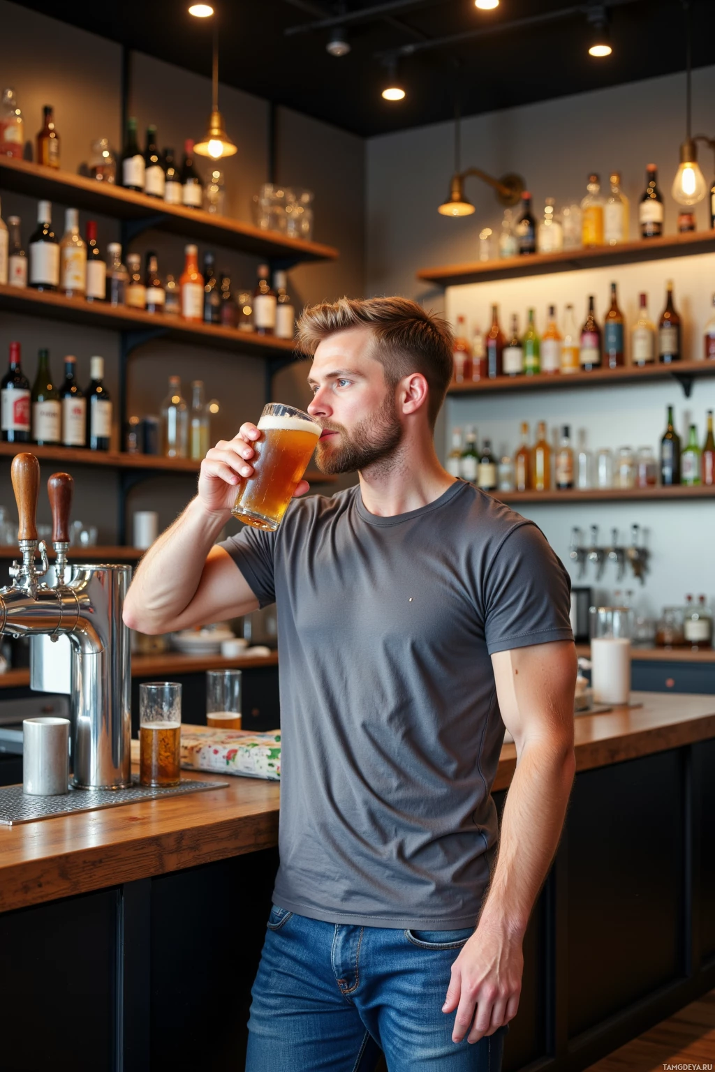 A man in a bar drinks a beer from a glass.