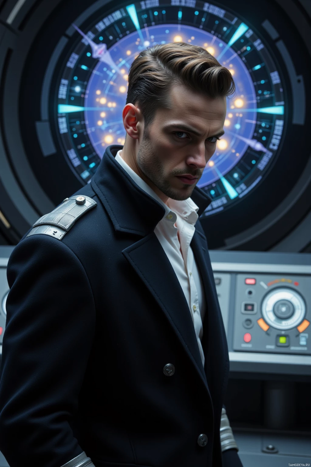 A man in a formal uniform stands in front of a futuristic control panel.