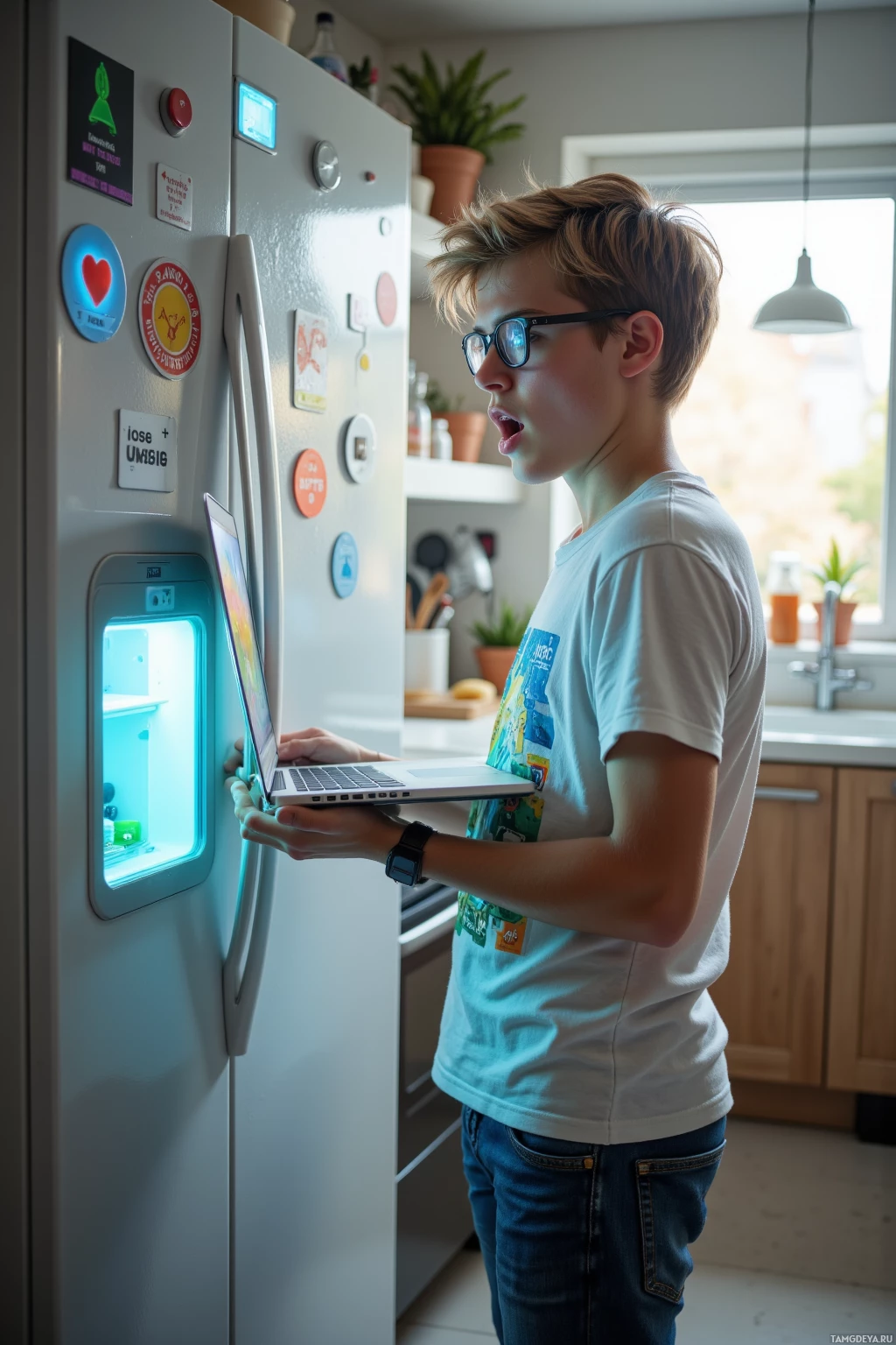 A boy stands in a kitchen holding a laptop, looking at the screen.