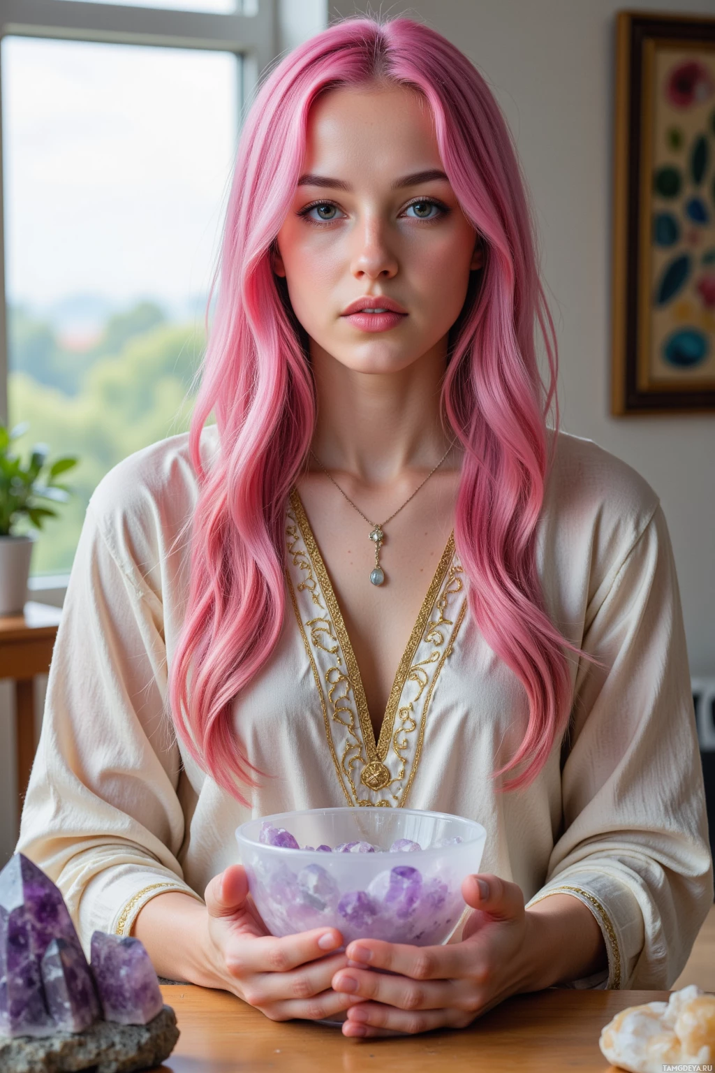 A person with pink hair holds a bowl of amethyst crystals.