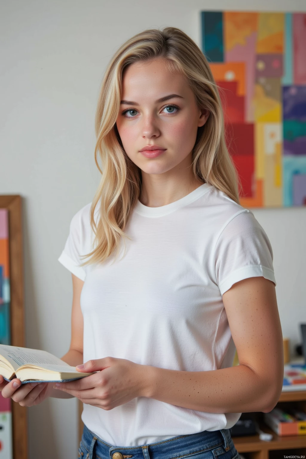 A person in a white t-shirt holds an open book, standing in a room with colorful artwork in the background.