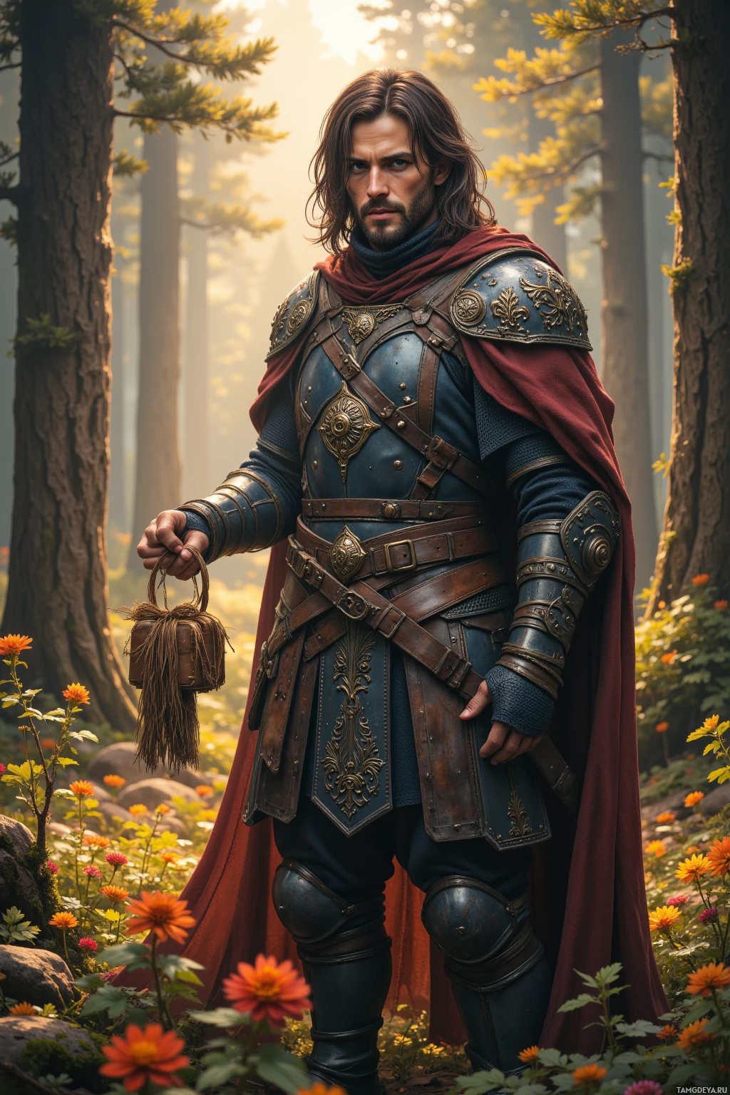 A knight in ornate armor stands in a forest clearing, holding a small bundle.
