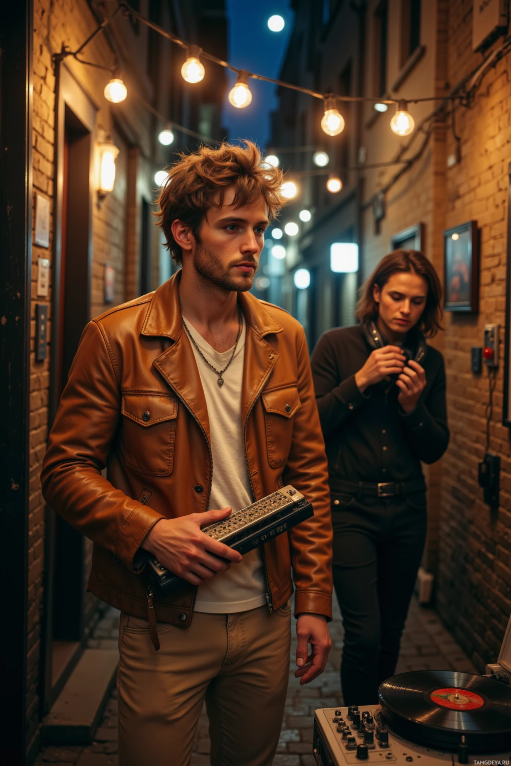 A man in a leather jacket walks through a dimly lit alleyway, holding a turntable.