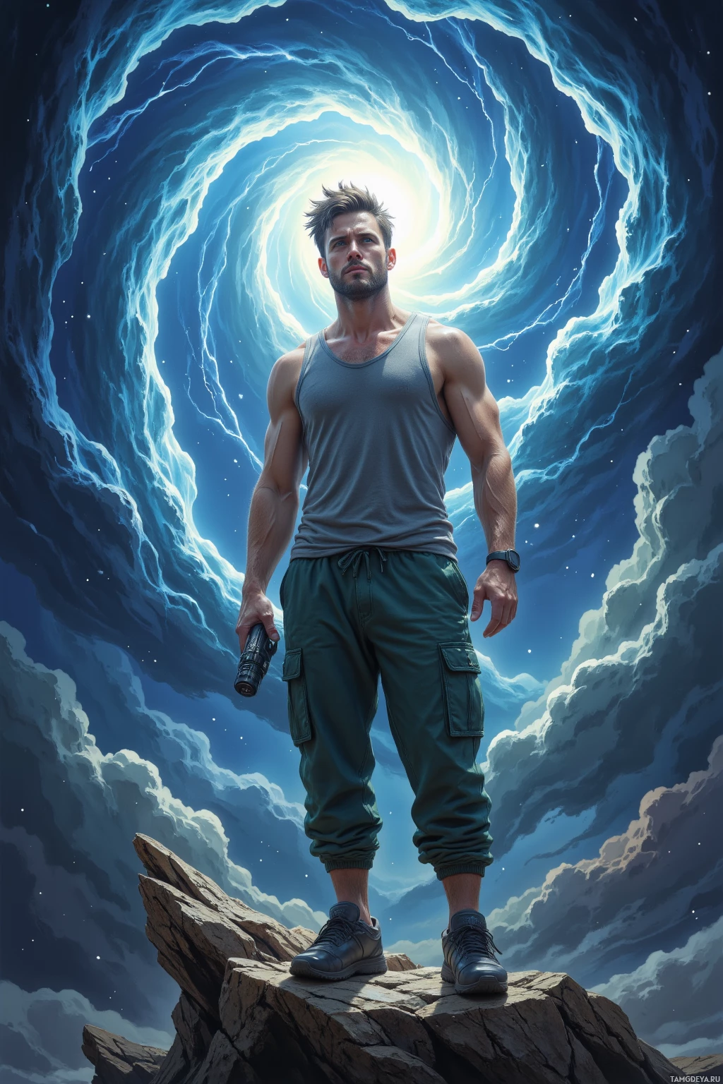 A muscular man stands on rocky terrain, holding a camera, with a glowing, ethereal tunnel of light behind him.