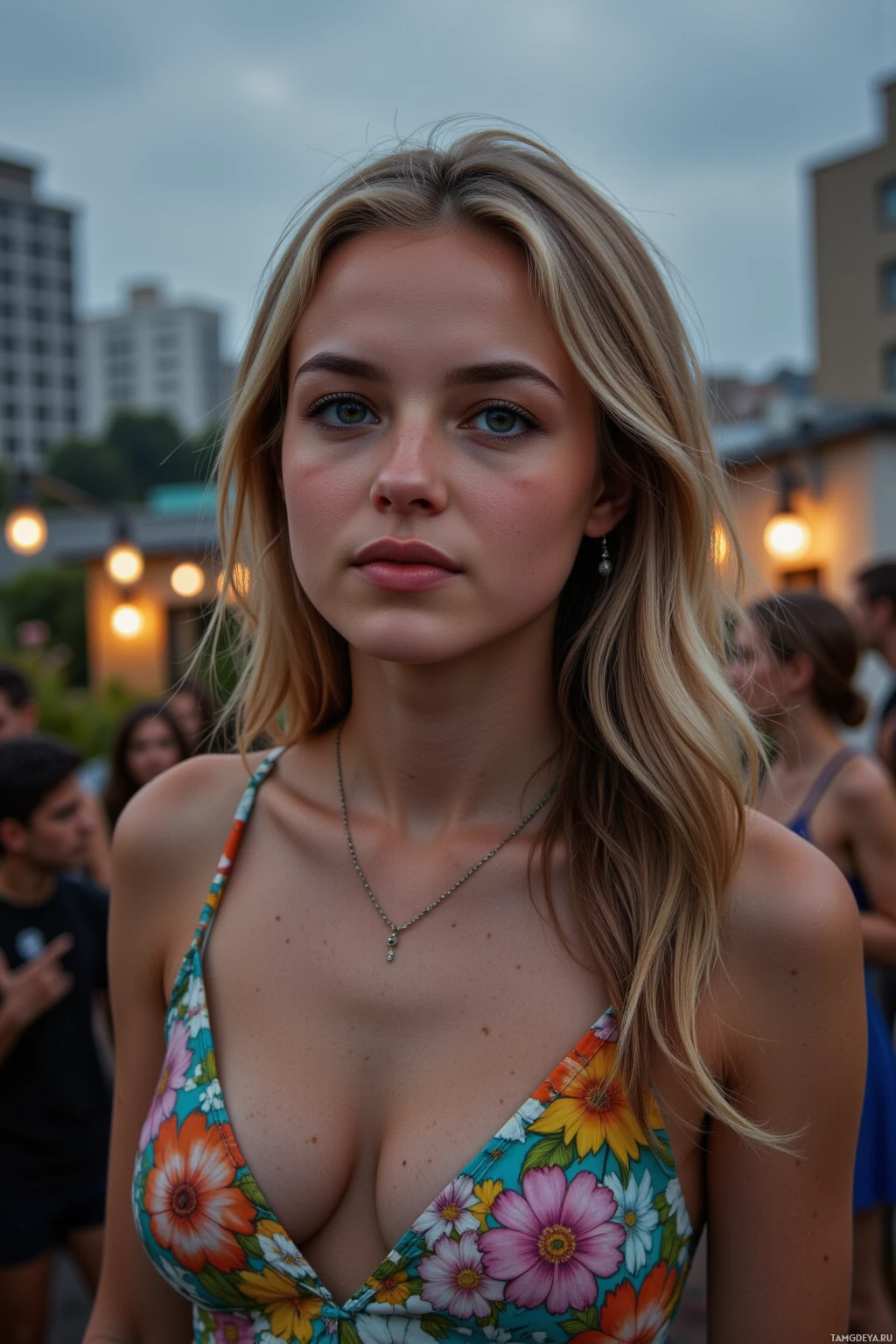 A woman with long blonde hair wearing a floral top stands outdoors at a social gathering.