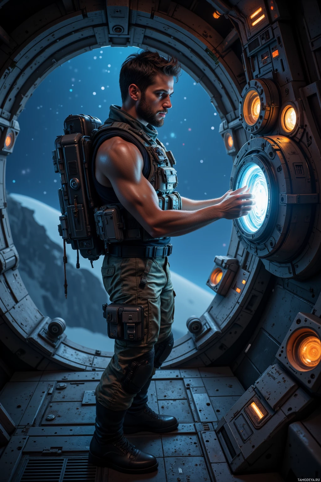 A person in a futuristic space suit stands inside a spacecraft, reaching out to a glowing circular portal.