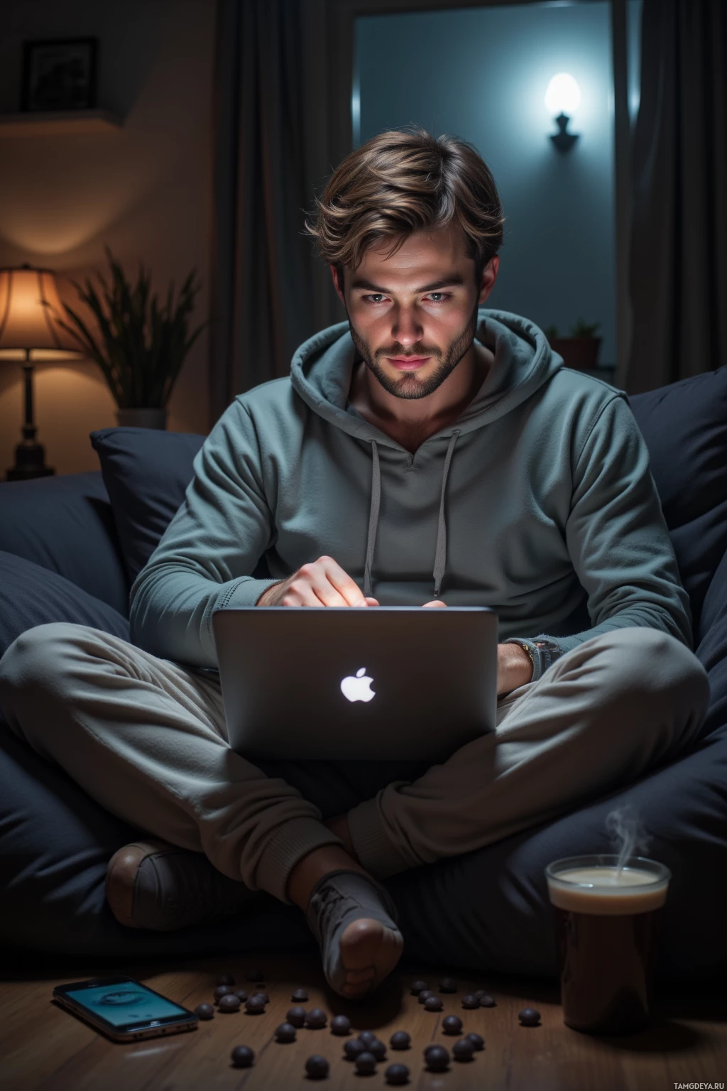 A person in a hoodie sits on a couch, using a laptop with a lit screen, surrounded by a cozy indoor setting.