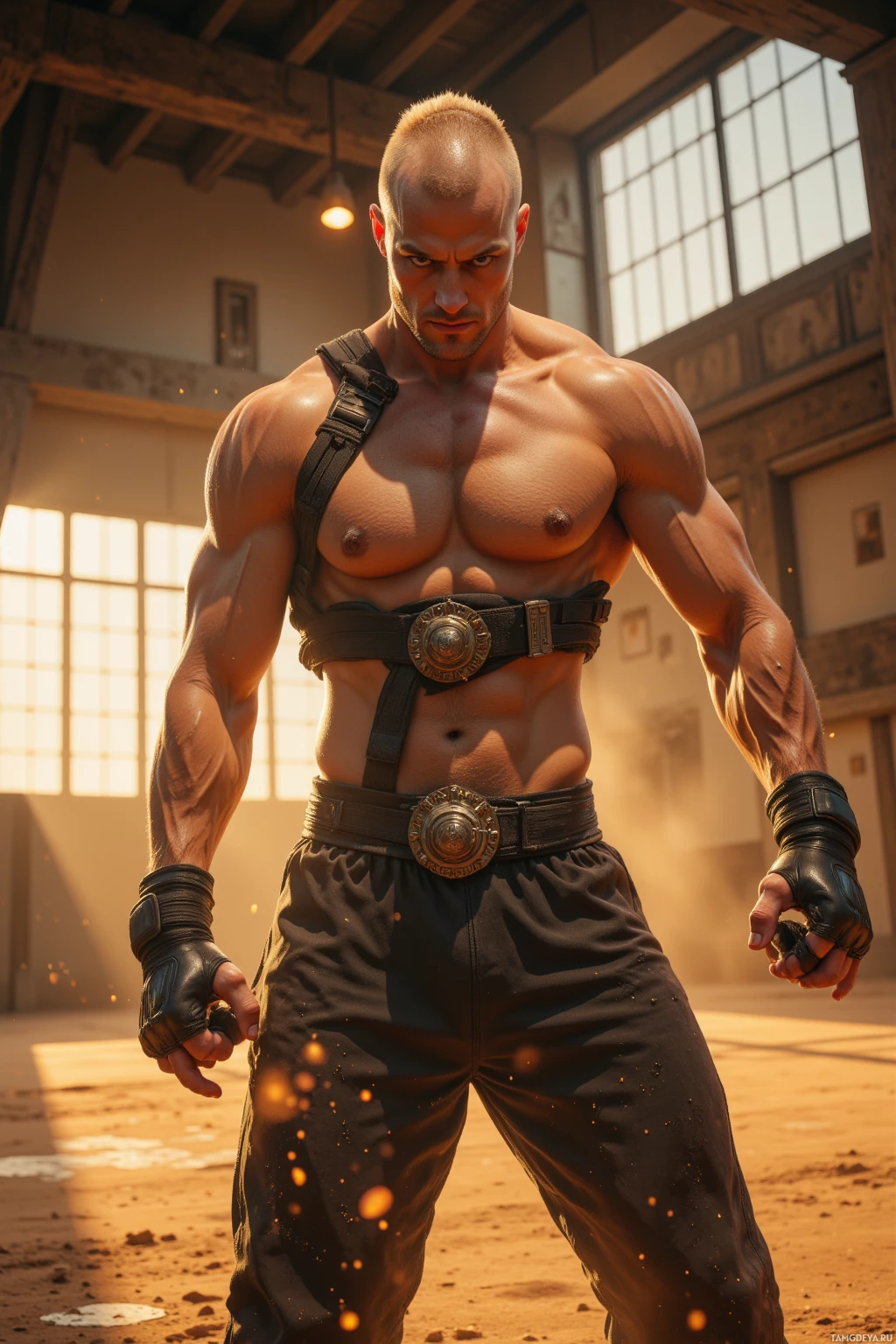 A muscular man in a rugged outfit stands in a sunlit room.