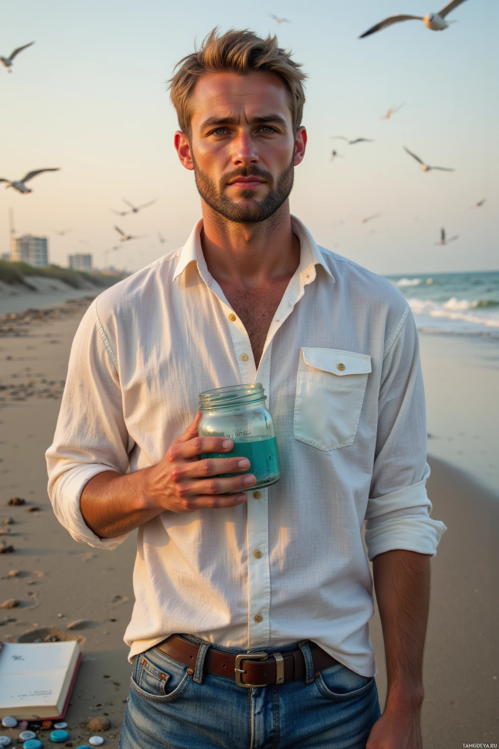 A man stands on a beach holding a jar, with seagulls flying in the background.
