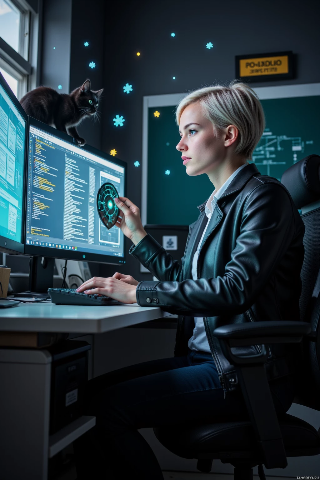 A woman works at a computer with a cat perched on the monitor.