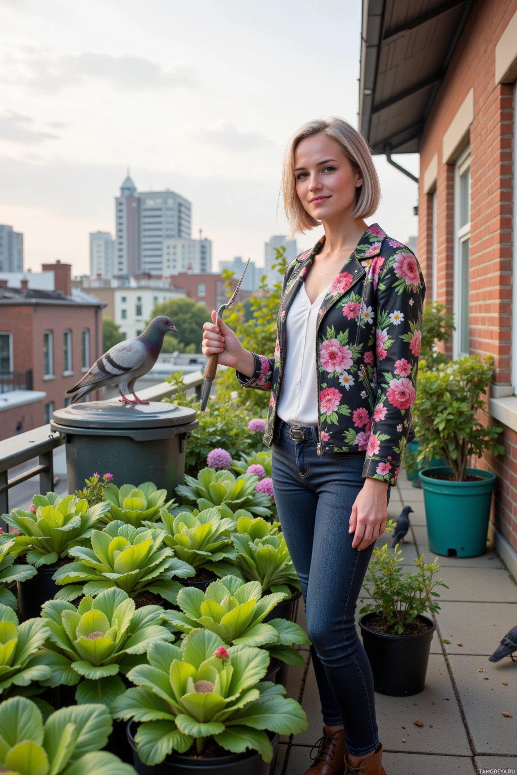 A woman stands on a rooftop garden holding a tool, with a pigeon perched nearby and urban buildings in the background.