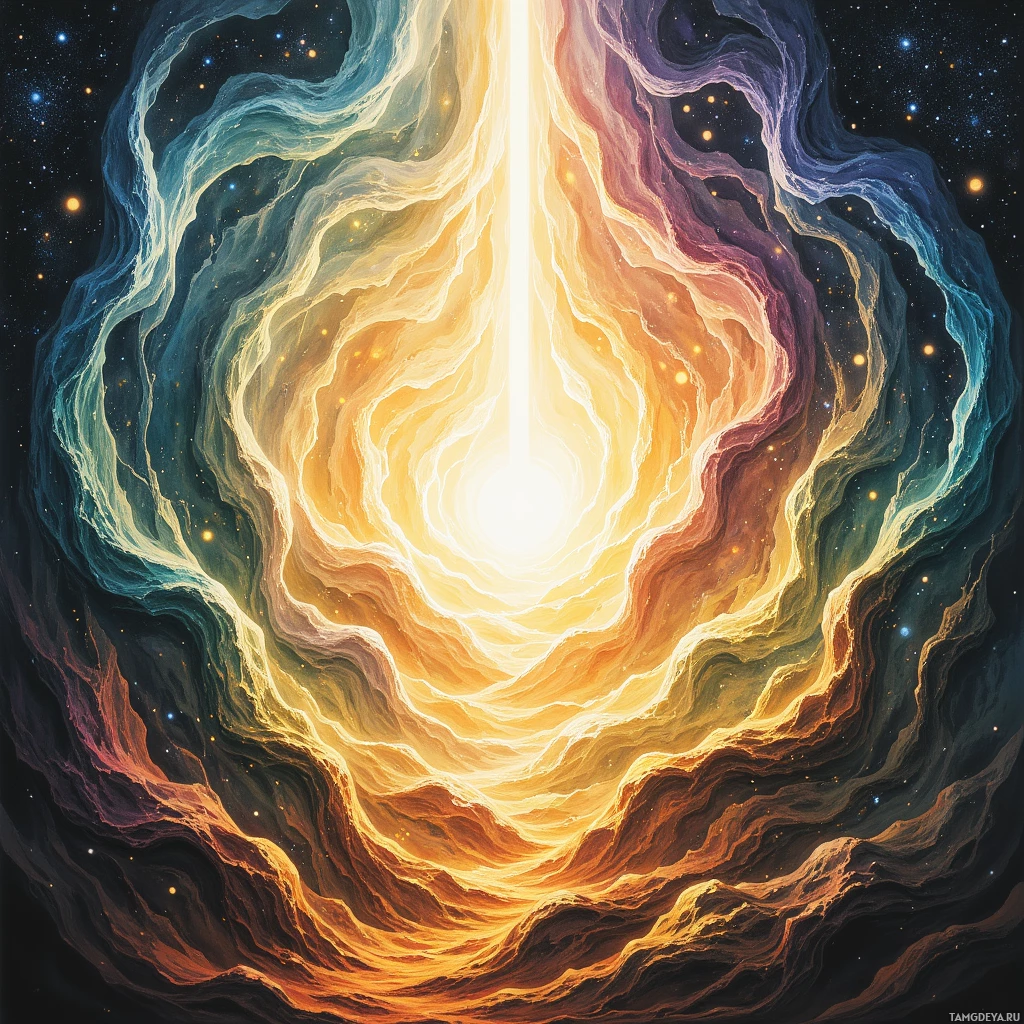 A vibrant cosmic scene featuring swirling nebulae and a bright central light source.