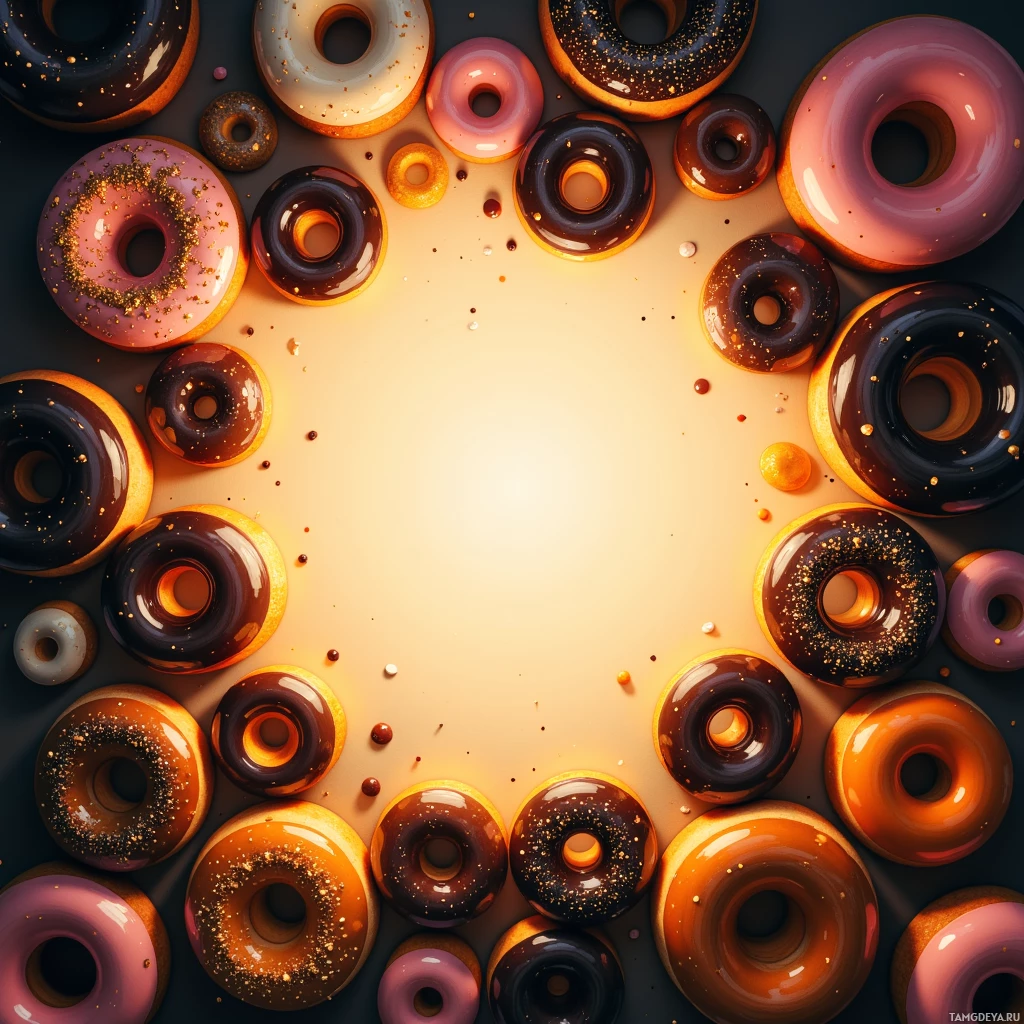 A vibrant arrangement of glossy donuts with various glazes and sprinkles.