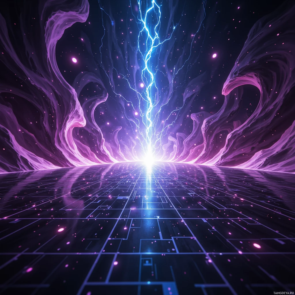 A futuristic digital landscape with glowing lines, swirling energy, and a bright light source at the horizon.