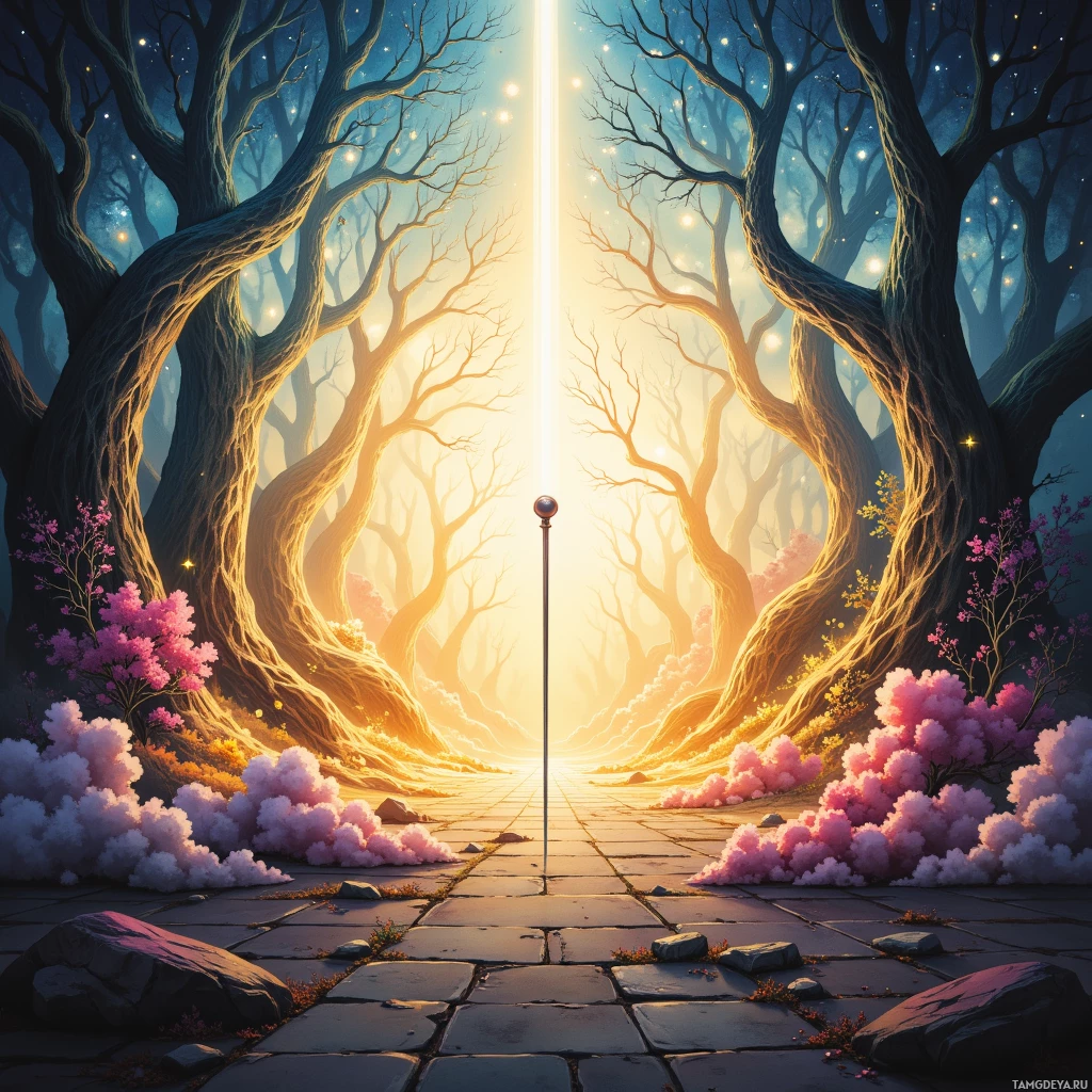 A mystical forest scene with glowing light, twisted trees, and a path leading towards a bright horizon.