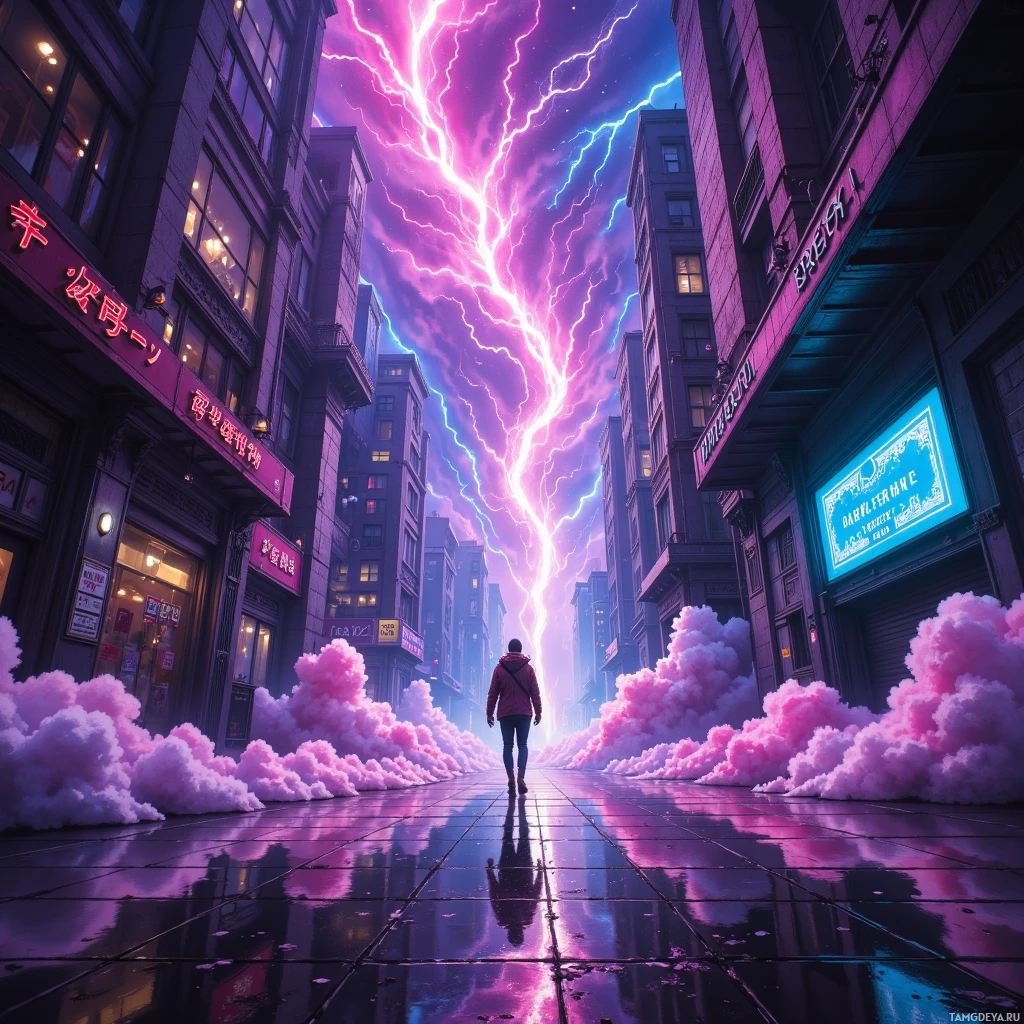 A person walks down a city street under a vibrant sky with lightning and pink clouds.