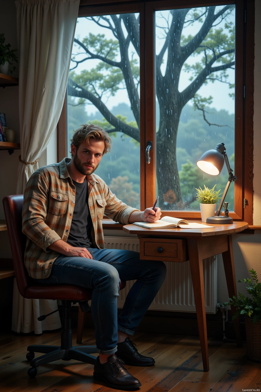 A man sits at a desk by a window, writing in a notebook under a lamp.