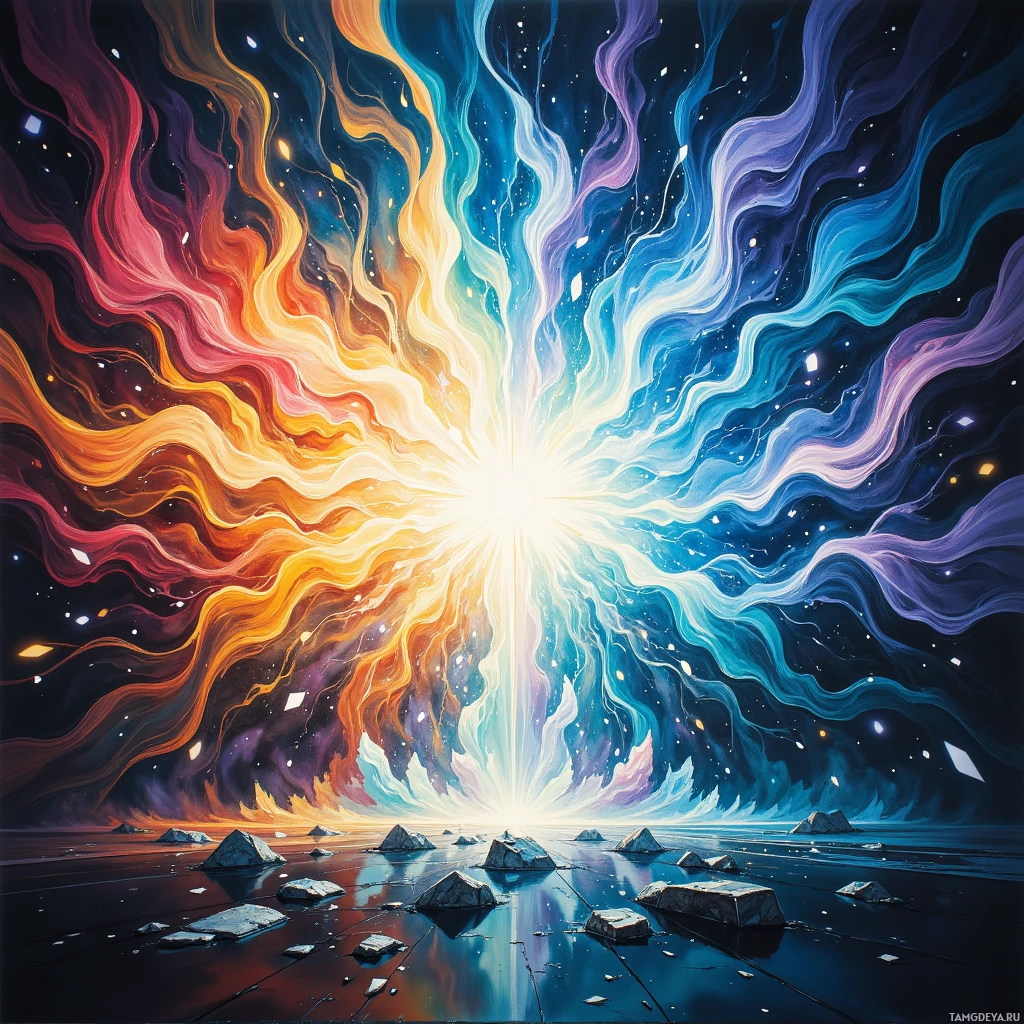 A vibrant cosmic scene with swirling colors and a bright light source at the center.