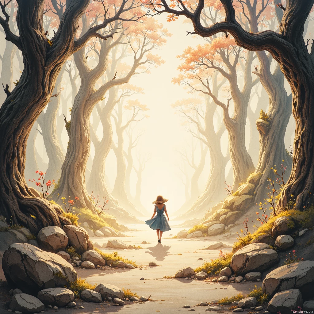 A girl in a blue dress walks through a serene forest with tall, twisted trees and a misty path.