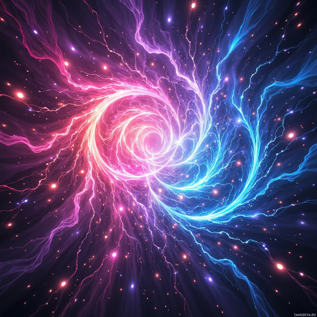 A vibrant cosmic swirl with pink, blue, and white light streaks and glowing particles against a dark background.